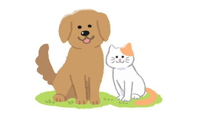 お座りする犬と猫（手描きカラー）