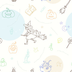 Fototapeta na wymiar Halloween Seamless Vector Pattern on white background. Hand-drawn style. Doddles. Bright simple lines. Witch, candies, skull, herbs, bottles, pumpkins for print or web design.