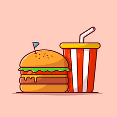 Burger And Soda Cartoon Vector Icon Illustration. Food And Drink Icon Concept Isolated Premium Vector. Flat Cartoon Style