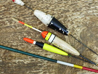 set of bobbers for fishing of different carrying capacities close-up