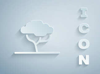 Paper cut African tree icon isolated on grey background. Baobab, acacia and other. Paper art style. Vector