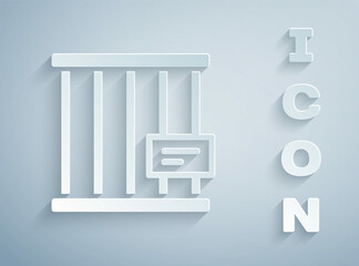 Paper cut Animal cage icon isolated on grey background. Paper art style. Vector