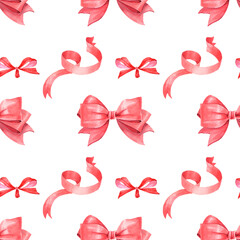 Hand drawn watercolor bows and holiday ribbons seamless pattern. For fabric, backgrounds, scrapbooking, wrapping paper, greeting cards.
