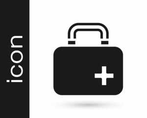Black First aid kit icon isolated on white background. Medical box with cross. Medical equipment for emergency. Healthcare concept. Vector