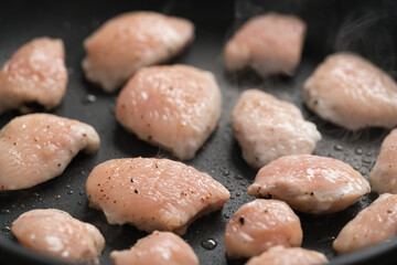 fying chicken fillet slices on nonstick pan