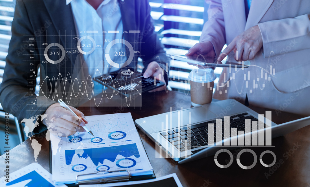 Poster data management system with business analytics concept. business team hands working with provide inf