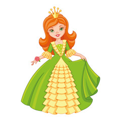 Obraz na płótnie Canvas Little princess in green dress, vector cartoon illustration