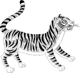 Monochrome line drawing illustration of oriental tiger, zodiac
