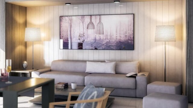 Living Room Designed With White Boeards & Modern Furnitures - loopable 3D Visualizationom