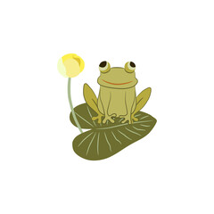 Cute frog character. The amphibian sits on a leaf with a water lily in a swamp and smiles. Funny childrens vector illustration. Flat animal isolated on white background. Design for book, card, poster.