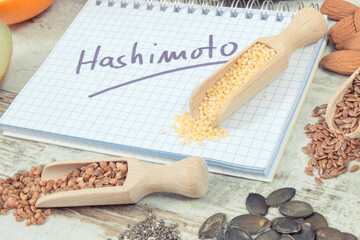 Notepad with inscription hashimoto and best ingredients or products for healthy thyroid