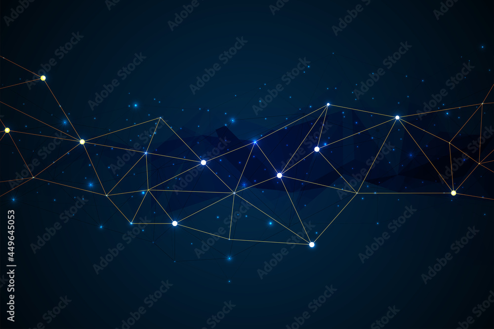 Poster Abstract blue background of golden points and lines. Network or connection concept. Abstract technology science background
