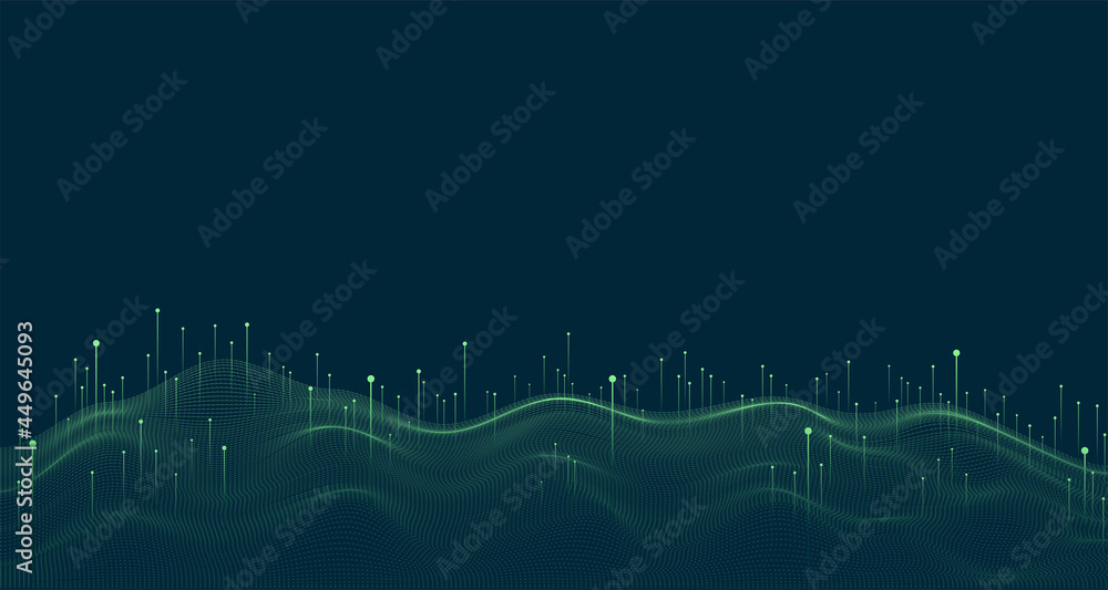 Poster big data visualization concept. dynamic wave on blue background. wave of particles