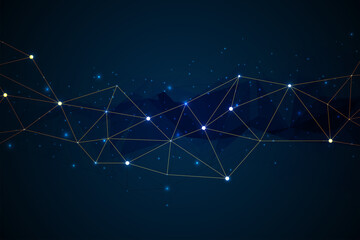 Abstract blue background of golden points and lines. Network or connection concept. Abstract technology science background