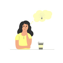 Business concept is a good idea. The woman thinks about new ideas. Office work. Vector flat graphics.