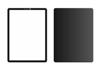 Black slim drawing pad or tablet mock-up, front and back display view with black gradient of backside with 3 camera, blank device mockup, 3D rendering, isolated on white background with clipping path.