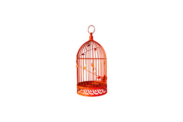 Orange metal birdcage for decoration, isolated on white background with clipping path.