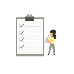 The woman is holding a pencil. Form of the questionnaire, questions. Successful completion of tasks. Flat illustration.