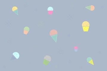 Ice cream images, cakes and patterns on pastel blue background.