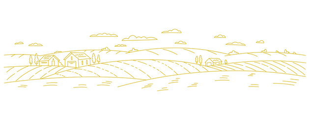 Countryside. Village field. Rural landscape. Contour vector line. Horizontal banner background. Hand drawn sketch. Open paths. Editable stroke.