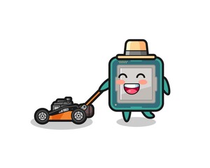 illustration of the processor character using lawn mower