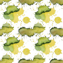 Seamless pattern watercolor abstract yellow, green splash on white. Hand-drawn round stain, line, scribble. Banner template. Creative background for wallpaper, card, wrapping, sketchbook