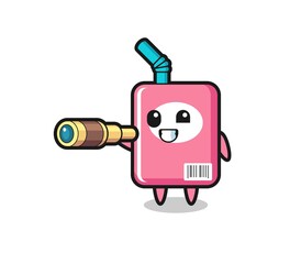 cute milk box character is holding an old telescope