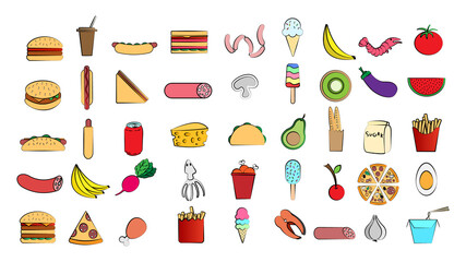 Set of 45 icons of delicious food and snacks items for a restaurant bar cafe on a white background: fast food, cheat meat, burger, pizza, hot dog, sandwich, fruits, vegetables
