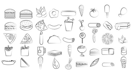 Black and white set of 45 food and snack items icons for restaurant bar cafe: fast food, cheat meat, burger, pizza, hot dog, sandwich, fruits, vegetables. The background. The background