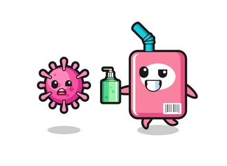 illustration of milk box character chasing evil virus with hand sanitizer