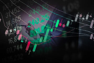 Candlestick chart in financial stock market on digital number background. Forex trading graphic design and Stock market trading trend as concept.	
