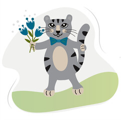 A cute gray elegant cat with a bow and a bouquet of blue decorative flowers. A gray cat goes to a holiday and brings flowers as a gift. Design of children's illustrations, postcards, clothes. Vector
