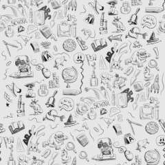 Seamless pattern school supplies people animals hand drawn doodle on white background. Vector image