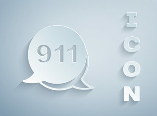 Paper cut Telephone with emergency call 911 icon isolated on grey background. Police, ambulance, fire department, call, phone. Paper art style. Vector