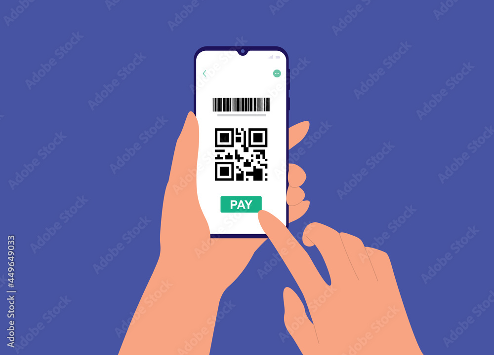 Poster a customer using smartphone with qr code for online payment. contactless payment.