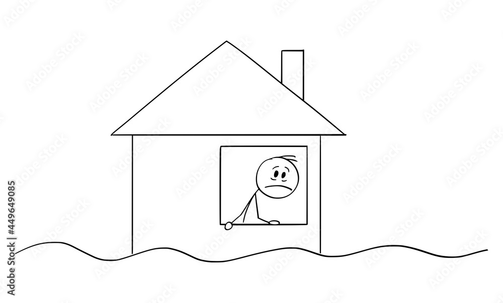 Poster Person Looking on Flooding From the Window of Flooded House, Vector Cartoon Stick Figure Illustration