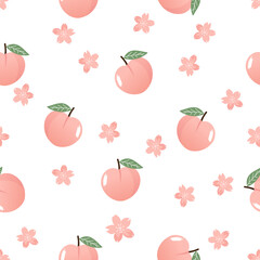 Seamless pattern with peach fruit and small flowers on white background vector. Cute fruit print.