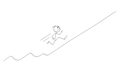 Frustrated Man or Businessman Running Uphill Rising Financial Graph, Vector Cartoon Stick Figure Illustration