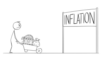 Frustrated Wealthy Man Carrying His Money Looking at Inflation Sign, Vector Cartoon Stick Figure Illustration