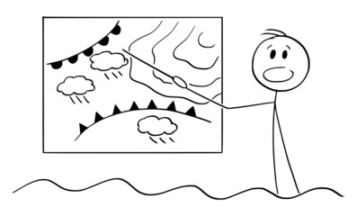 Weather News Reporter Informing in Television During Flooding About Rainy Weather, Vector Cartoon Stick Figure Illustration