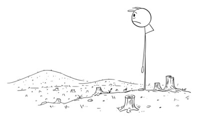 Sad and Frustrated Man Looking at Tree Stumps after Cut Down Forest, Vector Cartoon Stick Figure Illustration