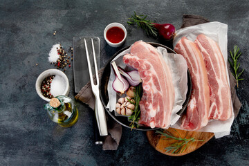 Raw pork belly on dark gray background. Organic gourmet food concept.