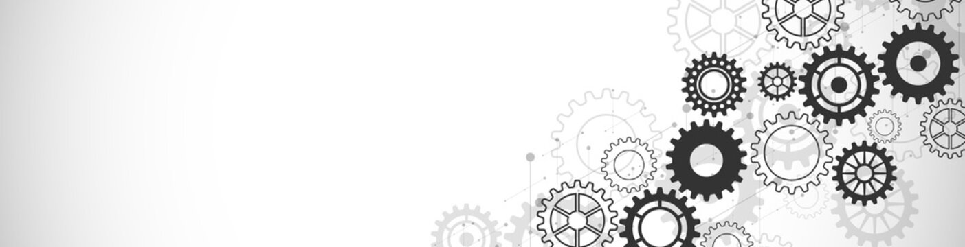 Website header or banner design with cogs and gear wheel mechanisms. Concepts and ideas for digital technology and engineering design. Abstract technical background of mechanical engineering