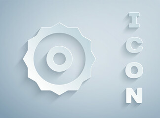 Paper cut Circular saw blade icon isolated on grey background. Saw wheel. Paper art style. Vector