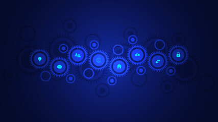Information technology concept with infographic elements and flat icons. Cogs and gear wheel mechanisms. Hi-tech digital technology and engineering. Abstract technical background