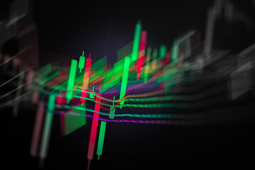 Stock market trend or Forex trading graph chart for financial planning as concept. Double exposure of digital number and price quote to do stock analysis with many indicators.