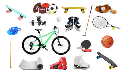 Set with different sports equipment on white background. Active lifestyle