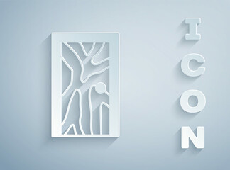 Paper cut Closed door icon isolated on grey background. Paper art style. Vector