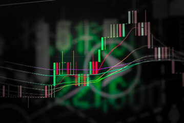 Abstract financial trading graphs and digital number of foreign exchange market trading on monitor. Background of gold and blue digital chart to represent stock market trend.