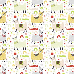 Free hand drawing seamless pattern llamas and text LLAMA. Perfect for scrapbooking, poster, textile and prints. Hand drawn illustration for decor and design.